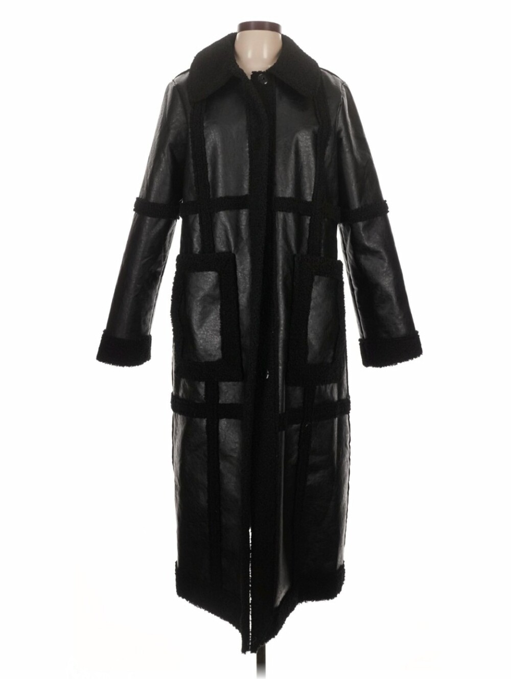 NWT Hutch Ozzie Faux Leather & Sherpa Black Long Trench Coat